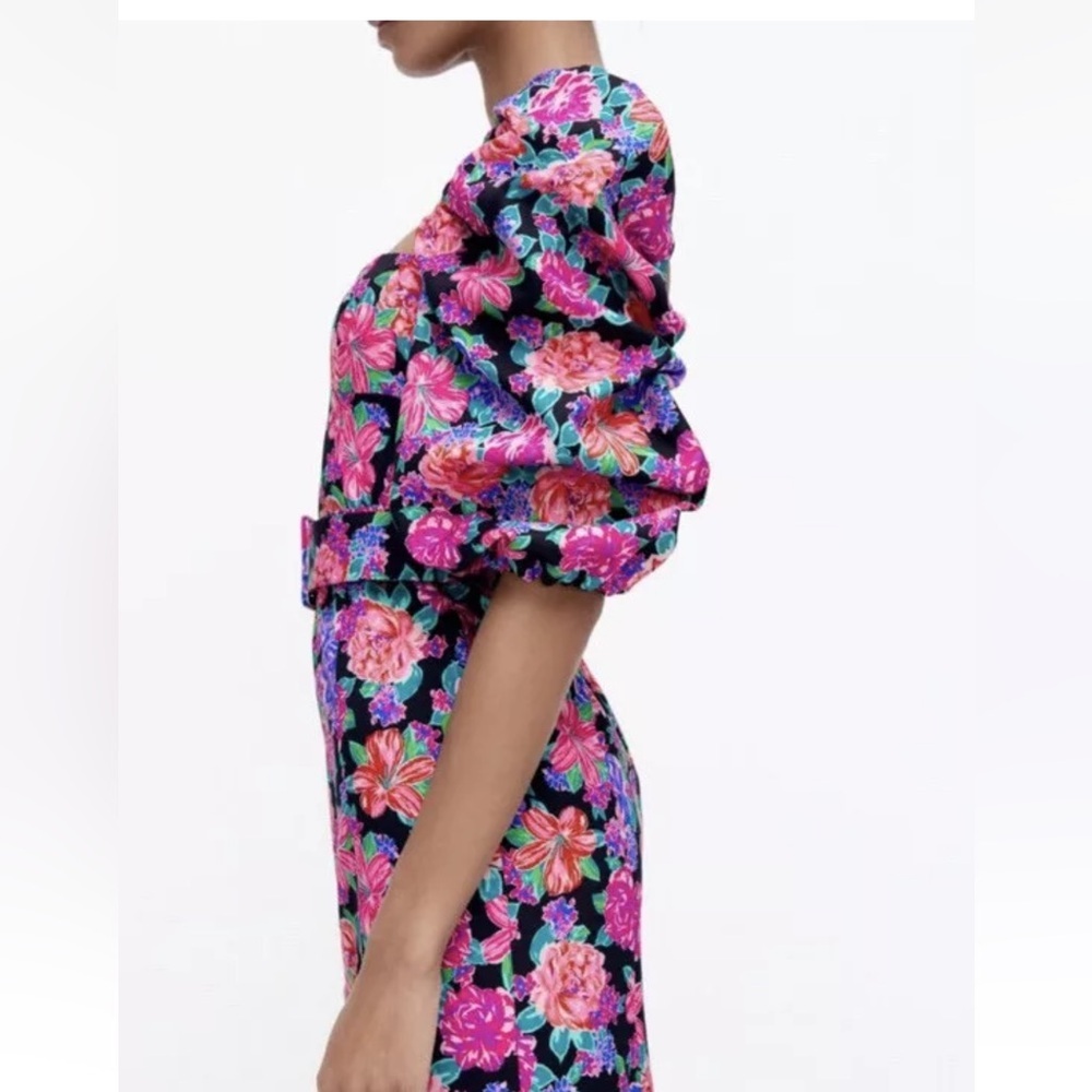 NWT Zara Floral Belted Pink Purple Puff Sleeve Mini Dress Zinnia Cottagecore XS. - Picture 14 of 16